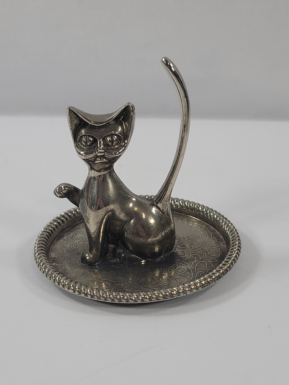 Vintage Silver Plated Cat Kitty Figurine Ring And Jewelry Holder Trinket Dish